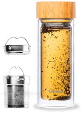 Qwetch - Tetera isotérmica de cristal de doble pared con tapón de bambú - 320 ml