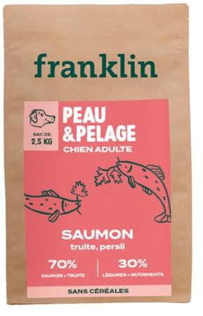 Franklin – Croquettes pour Chien – Gamme Protéinée – avec 70% de Saumon – Mono-protéine – sans Céréales – Peau et Pelage – Forme Triangle 11mm – 2,5 kg