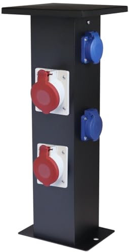 WITTKOWARE Alu-Steckdosensäule für Festinstallation, Standverteiler bestückt mit 2X 16A Schutzkontakt-Steckdosen, 1x 16A CEE-Steckdose und 1x 32A CEE-Steckdose, Farbe schwarz