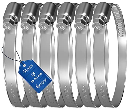VIOKS Schlauchschellen SET 6x Schlauchschellen 70-90mm Ø/Schlauchschellen Edelstahl SET/Schelle 9 mm Bandbreite Schlauchschelle/Rohrschellen 50mm für Schlauch & Waschmaschine Abfluss Adapter