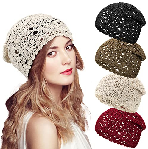 4 Pcs Women Crochet Slouchy Beanie Hat 2026 Summer Fall Handmade Knit Floral Polyester Cutout Hats Thin Knitted(Khaki, Wine Red, Black, Beige)