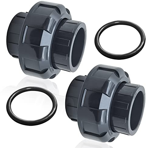 Boltigen 2 Pack 2'' PVC Union Pipe Fitting, 2 Inch PVC Slip Union Coupling Adapter, Schedule 80, EPDM O-ring, Socket x Socket, Grey