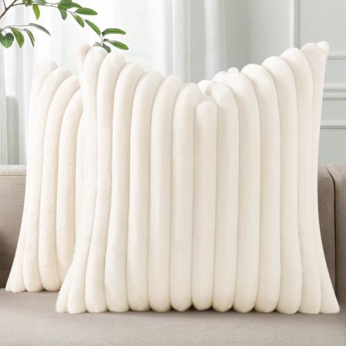 Pallene Fuskpäls plysch prydnadskudde överdrag 18 x 18 set med 2 – lyxig mjuk fluffig randig dekorativ kudde överdrag för soffa, vardagsrum – krämvit