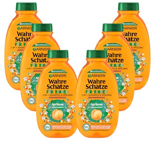Garnier schampo för barn, milt 2-i-1 vårdschampo för känsligt hår och lätt att kamma, med aprikos och bomullsblomma, sanna skatter barn, 6 x 250 ml