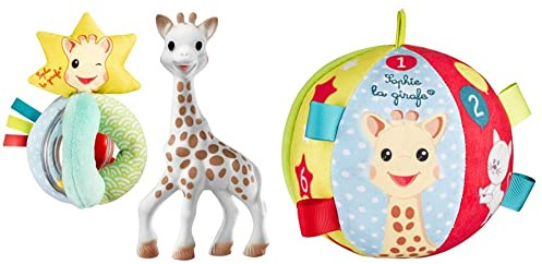 Sophie la girafe Sophiesticated Original Teether with Soft and Sense Rattle, 100% Natural Rubber Baby Teething Toy, Box Set Bag Card & My First Early-Learning Ball, 12, 4 Piece Set