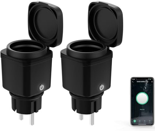 Lot de 2 prises Wi-Fi intelligentes d'extérieur - 2,4 GHz - Avec mesure de courant - Prise de jardin - Prise intelligente avec minuterie - Commande vocale - Compatible avec Alexa/Google Home - Étanche