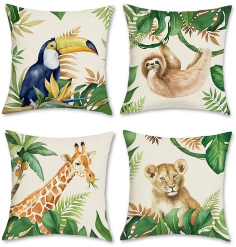 Bonhause Jungle Animals Cushion Covers 45 x 45 cm Tropical Lion Giraffe Sloth Toucan Decorative Throw Pillow Covers Summer Pillowcases for Sofa Outdoor Decor Set of 4