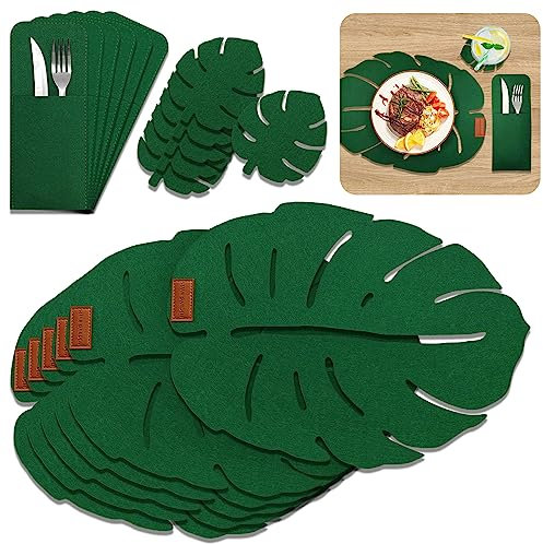 SNAILGARDEN 18er Set Monstera Design Tischsets Abwaschbar Platzsets aus Filz, 6er Platzsets, 6er Glasuntersetzer, 6er Bestecktaschen, Grün Platzdeckchen Teller Untersetzer Filzset Filzmatte