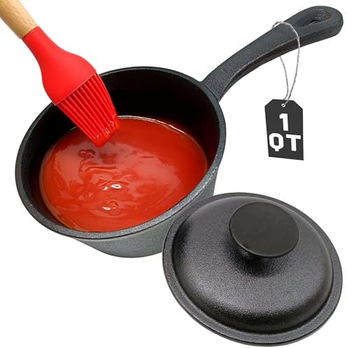 1 QT Cast Iron Sauce Pot with Lid & Wood Brush for Basting, Melting, Simmering Sauce, Butter & Cheese - Built for Cooking, Grilling & Camping - 932°F Max Even Heat Distribution - Professional Grade