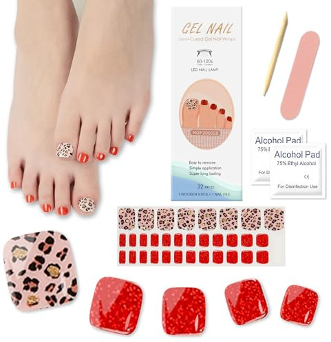 32Pcs Vernis Autocollant Ongle Pied Semi-Durci, Bandes de Vernis à Ongles pour Orteils Auto-adhésifs Toe Nail Art Sticker Longue Durée Manucure Décoration pour Femmes Filles (Imprimé Léopard Rouge)