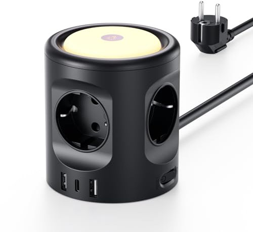 Steckdosenleiste mit Licht, 4 Fach Mehrfachsteckdose mit 3 USB Steckdosenleiste Überspannungsschutz mehrfachstecker würfel 3 Beleuchtungsmodi 2M Verlängerungskabel Steckdosenturm für Zuhause Büro, 16A