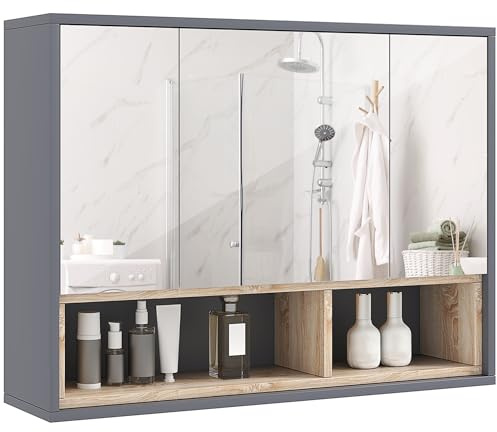 HOMCOM Bathroom Mirror Cabinet Bathroom Cabinet with Mirror 3 Doors Grey