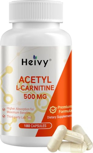 Heivy Acetyl L-Carnitine (ALCAR) 500 mg, 180 Capsules, Amino Acid Support for Brain Function & Nerve Health, Non-GMO and Gluten Free, 1 Capsule per Serving