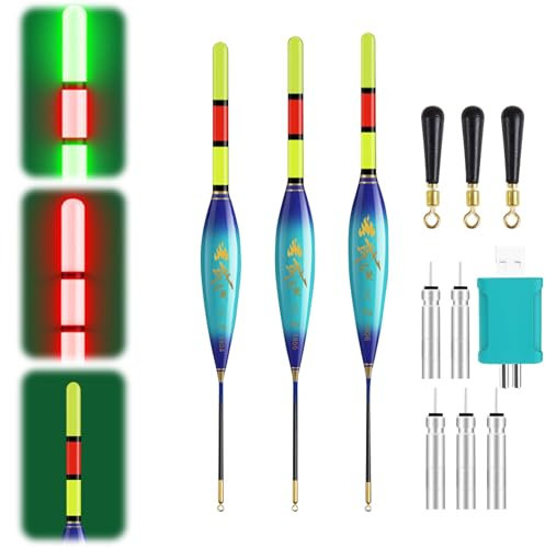 Xevinas 3 Stück Led Posen Angeln, 7g/8g/9g Bissanzeiger Angeln Mit Smart Farbwechselfunktion, Batterie Ladegerät Und 5 CR425, Angelposen Aus Nano, Angelzubehör Zum Angeln Am See,Fluss Oder Teich(B)