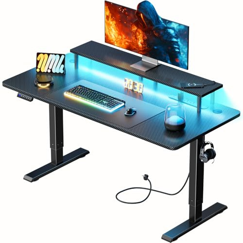 DLONGONE Electric Standing Desk 120 x 60 cm, Gaming Computer Desk with LED Lights & Power Outlets, Height Adjustable Sit Stand Desk with 3 Memory Smart Pannel & Monitor Stand, Carbon Fiber Black