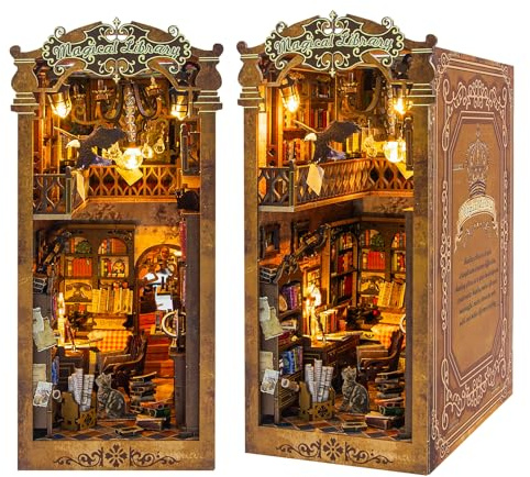 Book Nook Miniature Dollhouse Kit, DIY Booknook 3D Book House Wooden Puzzle Bookend Bookshelf Insert Decor Book Nook Kit with LED Light Creative Gifts for Christmas Birthdays