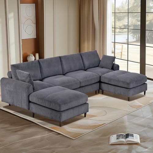 121 Oversized Modular Sectional Sofa, Convertible U/L Shaped Cloud Couch Set, 6-Seater Comfy Corduroy Corner Couches with 2 Movable Ottomans, DIY Combination for Living Room