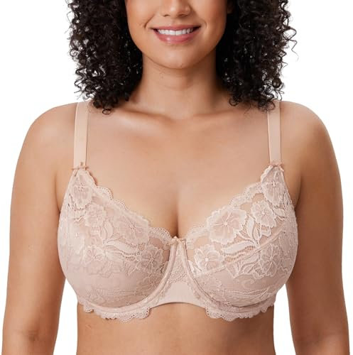 Delimira Women's Full Coverage Non-Foam Floral Lace Plus Size Underwired Bra Beige 38J