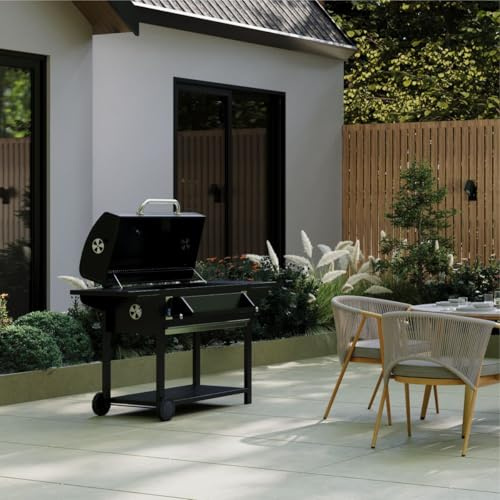 CHARLES BENTLEY ottimo 635 Charcoal BBQ With Built-In Thermometer, Dual Side Tables, Hanging Storage Basket, Adjustable Charcoal Height & Removable Ash Tray, Enamel Coated Steel (164x108cm)