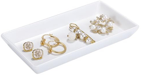 Emibele Jewelry Tray, Small Rectangle Ceramic Vanity Tray Jewelry Dish, Trinket Perfume Tray for Cosmetics, Rings, Bathroom Kitchen Soap, White