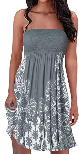 YMING Donne Estate al Ginocchio Vestito Casual Senza Spalline Abito Bohémien off Shoulder Bandeau Vestito Floreale Grigio XXL