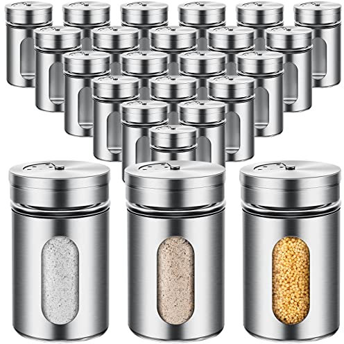 Dandat 24 Pcs Salt and Pepper Shakers Stainless Steel Spice Shakers with Adjustable Pour Holes and Glass Window 3.4oz Salt Dispenser Spice Jars with Rotating Lids for Sugar Seasoning Home
