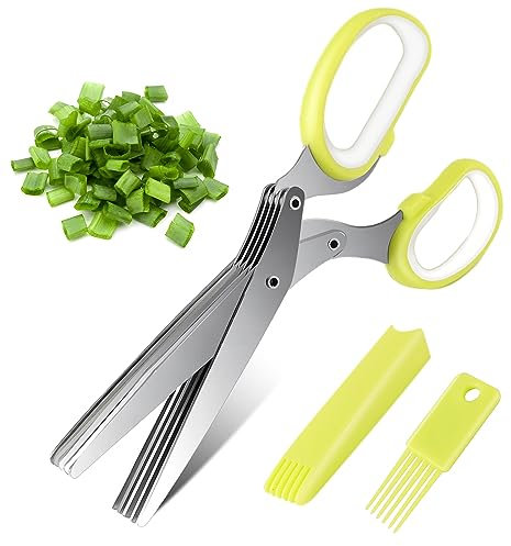 Bahan alamy Forbici da Cucina a 5 Lame, Forbice da Cucina in Acciaio Inox con Coperchio di Sicurezza per Prezzemolo Verdure Cipollina, Forbici per erbe aromatiche