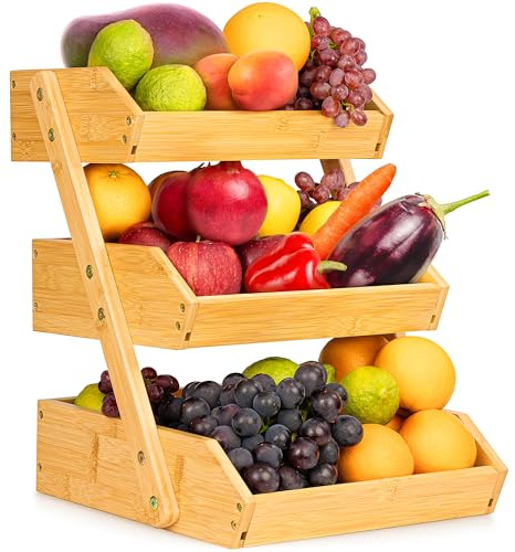 Golden Nature Fruit Basket - 3-Tier Bamboo Fruit & Vegetable Storage Organiser for Kitchen Counter - Lightweight & Easy Assembly - Countertop Stand Holder Bowl with Included Screws