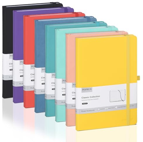 POPRUN Notizbuch Liniert A5 Journal Hardcover, 8er Pack Farbe Notizheft, Tagebuch mit Elastischem Verschlussband, Stifthalter, Wasserdicht Leder und Innentasche für Büro oder in der Schule, 14x21 cm