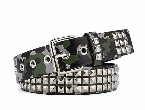 CWCYYDSYY Cinturones de camuflaje con remaches tachonados Y2K Punk Hip Hop de piel sintética con ojales para cosplay para hombres y mujeres, Verde, Large