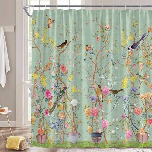 Hykiee Duschvorhang 180X180cm Anti-Schimmel, Blumen Wasserdicht Maschinenwaschbar und Schnell Trocknend Polyester Grün Vogel Duschvorhänge Shower Curtain für Badezimmer mit 12 Duschvorhängeringen