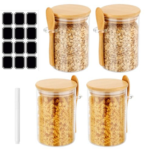 Gowkeey 4er-Set Vorratsgläser Vorratsgläser mit Deckel und Löffel 540ml Overnight Oats Gläser Vorratsdosen Glasbehälter Meal Prep Glas mit deckel，Zucker, Kaffee, Süßigkeiten