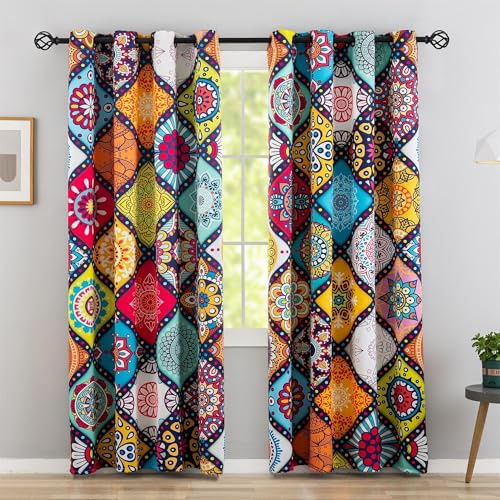 Tyrot Bohemian 100% Blackout Curtains for Bedroom 96 inch Long 2 Panels Set Boho Colorful Mandala Thermal Insulated Room Darkening Window Drapes Patterned Black Out Curtains for Living Room, 52Wx96L