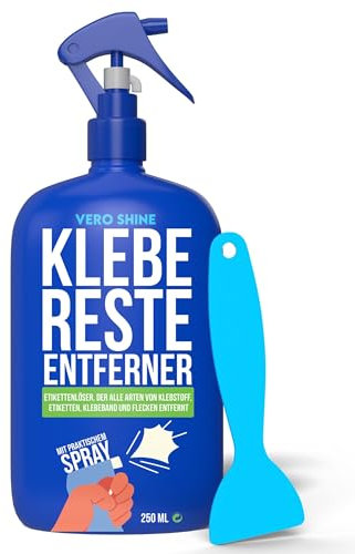 Vero Shine Kleber Entferner (250ml), Etiketten Entferner Spray für alle Oberflächen, Extrastarkes Kleberlöser, Etikettenlöser mit Abstreifer, Klebereste Entferner Fensterrahmen, Adhesive Remover