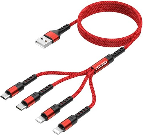 RAVIAD Multi Charger Cable, 4 in 1 Charger Cable 3A USB Fast Charging Cord Nylon Braided with Micro USB Type C Lightning Cable Connector for iPhone, Android Samsung Galaxy, LG-Red [1.2M]
