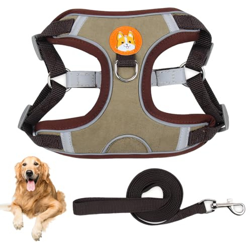 KOLZEMV Pettorina per Cani No Pull, pettorina cane taglia media, Pettorina per Cuccioli Regolabile con Clip per Guinzaglio,Riflettente Set Imbracatura e Guinzaglio per Cani di Piccola e Media Taglia,L