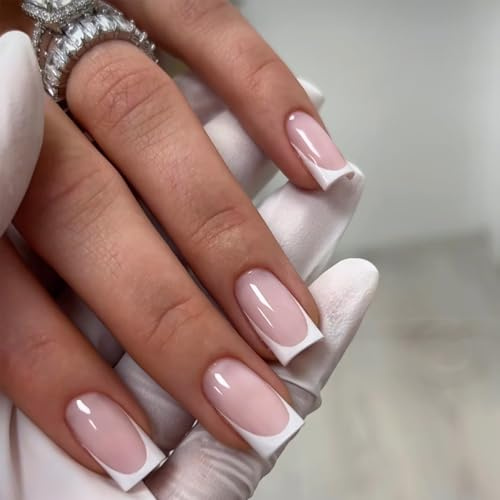 French Tip - False Nails Square - 24Pcs White Tip Stick on Nails French Designs Press on Nails with Glue - Acrylic Full Cover Artificial Fake Nail for Women and Girls