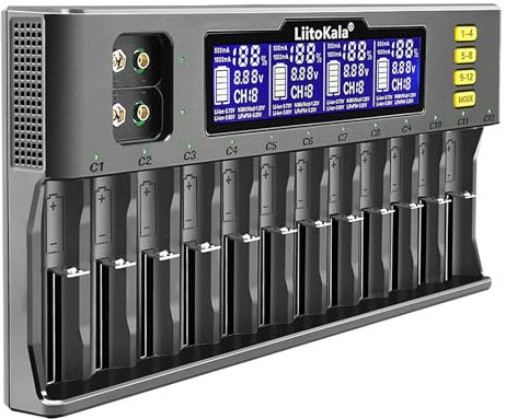 OPAHUTER LiitoKala S12 18650 12-Slot LCD Display Fast Battery Charger, Smart Universal Charger for Li-ion(IMR/ICR) LiFePO4 Ni-MH/Cd 18650 21700 26650 18350 14500 RCR123 9V Batteries AA AAA C