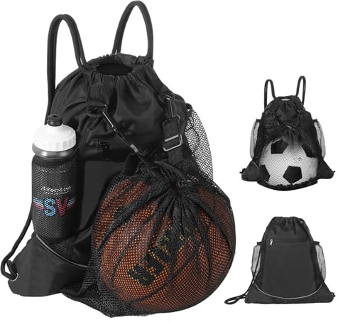 MoKo Zaino da Basket con Coulisse, Borsa da Ginnastica per Lo Sport, Zaino da Calcio con Due portabottiglie d'Acqua, Borsa da Pallone Pieghevole in Rete, Borsa da Basket Portatile per Calcio, Nero