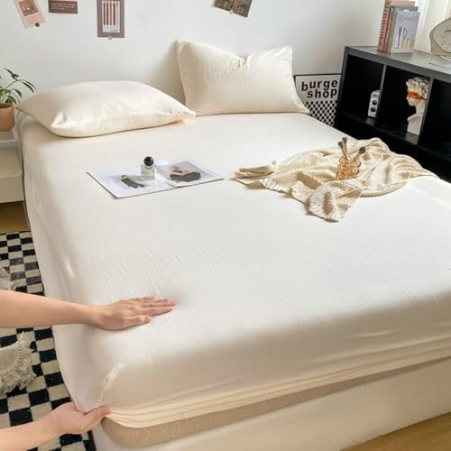 Daesar Spannbettlaken Topper 200x220CM Baumwolle, Spannleintuch Boxspringbett Cremeweiß Einfarbig Bettwäsche Spannbettlaken rutschfest-1 Stück, ohne Kissenbezüge