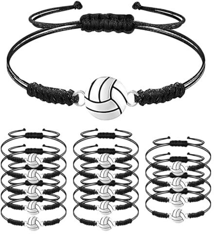 XOXVURI 14 Pieces Volleyball Bracelets Sports Charm Bracelets Adjustable Braided Rope Bracelet Friendship Bracelet For Boys Girls Team Players, Alloy And Wax Rope