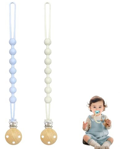 Silicone Dummy Clip,One Piece Pacifier Clips,Wooden Soother Clips Design,Soother Pacifier Chain Holder Clips,Dummy Clip,Universal Soother Clips,Works with Most Pacifiers and Teething Toys,2 Pieces