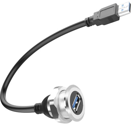 QIANRENON USB3.0 Threaded Fixed Mount Short Cable Connector Al Shell USB 3.0 Type A Male to Female Embedded Mount Cable Adapter 5Gbps 5V/2A Charging, Mount on RV Car Dashboard Panel, 30cm/11.8in