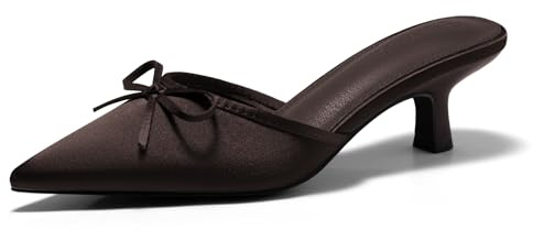 Coutgo Womens Kitten Heels Mules with Bow Satin Slip on Pumps Closed Pointed Toe Dress Wedding Party Shoes, Chocolate, Size 10