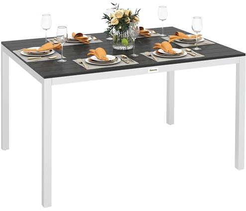 Outsunny Mesa de Comedor de Jardín Rectangular Mesa de Terraza Exterior 120x90x72 cm con Imitación Madera Tablero de Listones y Marco de Aluminio Carga 50 kg para Balcón Patio Negro