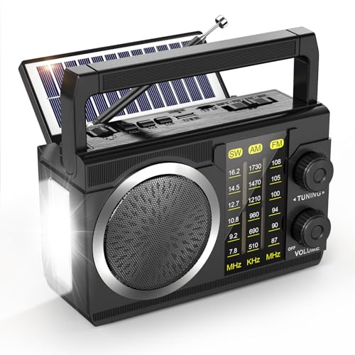 PRUNUS J-135 AM FM SW Radio Portable Bluetooth, Solar/AA Battery Operated/USB Rechargeable, Small Transistor Retro Radios with Best Sound, Flashlight,Support TF Card/USB Playing