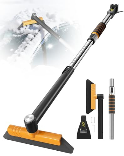 helloleiboo 43.7 Extendable Ice Scrapers for Car Windshield for 12 Adjustable Length Settings with Foam Grip and 360° Pivoting Brush Head Detachable Snow Brush for Truck SUV(Orange)