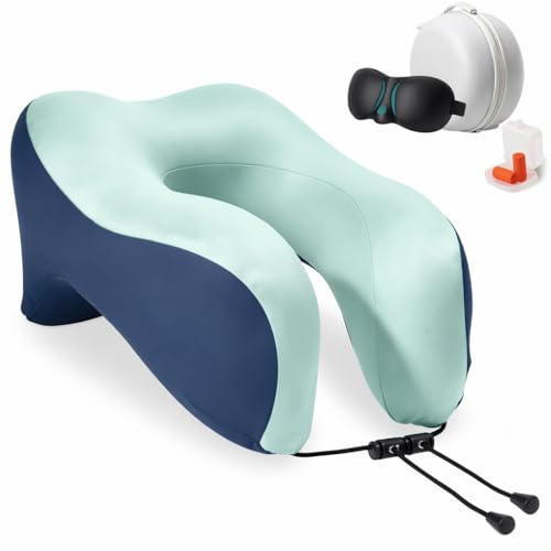Votoko Cuscino da Viaggio in Memory Foam, Cuscino Cervicale per Aereo e Ufficio, Supporto Laterale Antipressione, Custodia, Maschera e Tappi per Orecchie, Blu scuro e verde