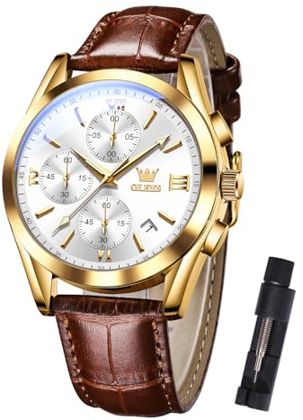 OLEVS Men's Fashion Chronograph Watch Gold-Tone Case Brown Crocodile Leather Strap Quartz Watch Waterproof Date Display Roman Numeral Wristwatch