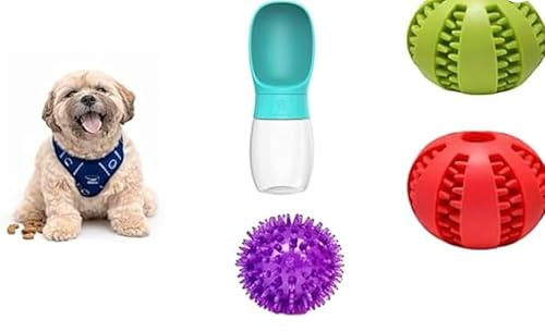 4-i-1-hundleksaksset – drickflaska 350 ml grön och 2 godisbollar (7 cm) + 1 pipande boll (6 cm) – interaktiv hundleksak för arbete och träning (blå, röd)